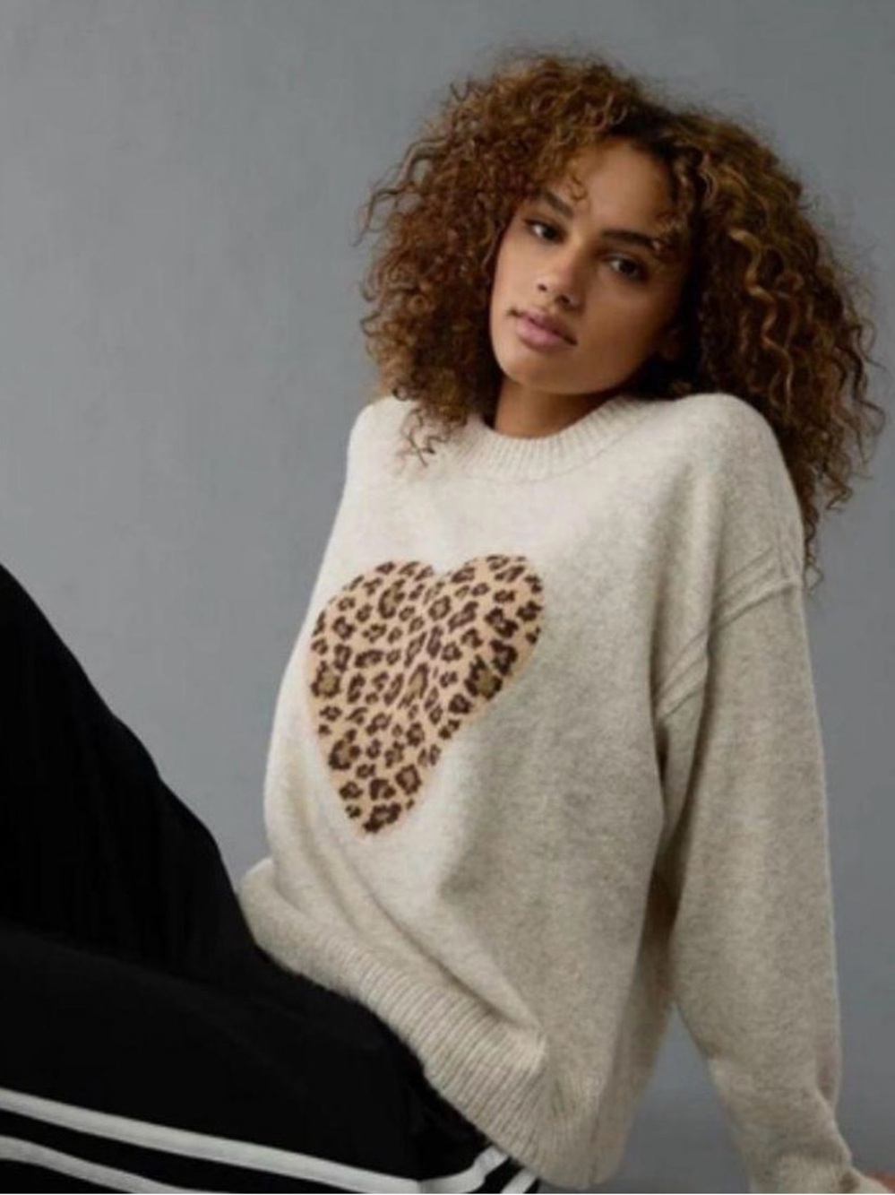 American Eagle Outfitters Cream Crewneck Sweater with Leopard Heart- Size Small